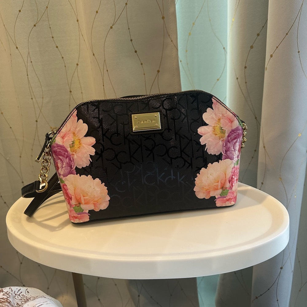 Calvin Klein Black and Pink Floral Crossbody Bag